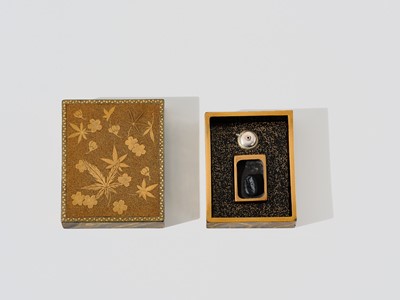 Lot 147 - A RARE MINIATURE LACQUER SUZURIBAKO (WRITING BOX) WITH CHERRY AND MAPLE