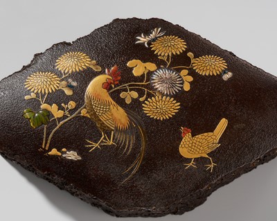 Lot 351 - BAIRIN AND SHIBAYAMA: A SUPERB INLAID WOOD BOX WITH COCKEREL AND HEN