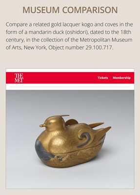 Lot 117 - A FINE GOLD-LACQUER KOGO (INCENSE BOX) AND COVER IN THE FORM OF A MANDARIN DUCK (OSHIDORI)