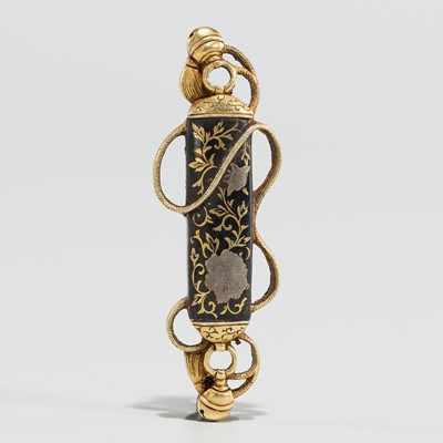 Lot 1678 - A GOLD AND SHAKUDO MENUKI IN FORM OF A SCROLL