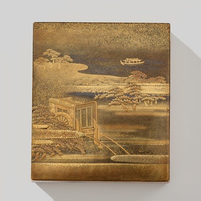 Lot 318 - A LACQUER KOGO (INCENSE BOX) AND COVER DEPICTING A SCENE FROM THE TALE OF GENJI