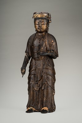 Lot 67 - AN OLD GILT AND LACQUERED WOOD FIGURE OF KANNON