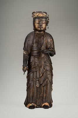 Lot 67 - AN OLD GILT AND LACQUERED WOOD FIGURE OF KANNON