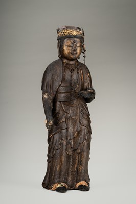 Lot 67 - AN OLD GILT AND LACQUERED WOOD FIGURE OF KANNON