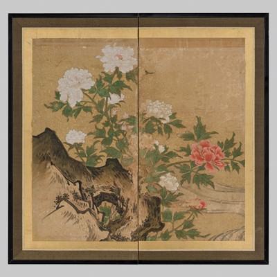 Lot 2035 - A FINE TWO-PANEL BYOBU (FOLDING SCREEN) WITH PEONIES