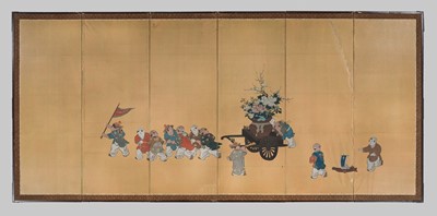 Lot 2034 - A SIX-PANEL BYOBU (FOLDING SCREEN) DEPICTING BOYS PULLING A HANAGURUMA (FLOWER CART)