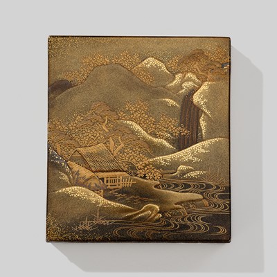 Lot 317 - A LACQUER KOGO (INCENSE BOX) AND COVER WITH HUTS IN A MOUNTAIN LANDSCAPE WITH WATERFALL