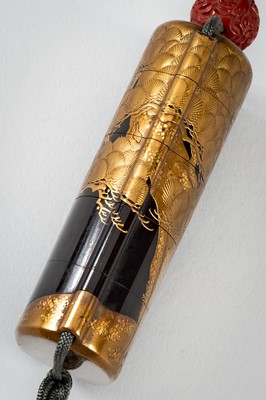 Lot 1416 - ISHIYAMA MOTOTADA: AN EXQUISITE FOUR-CASE LACQUER INRO WITH PINE TREES