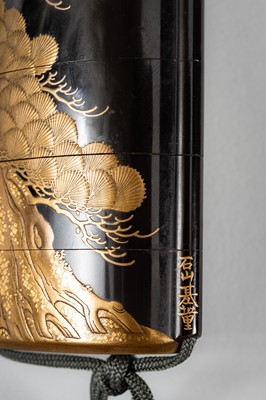 Lot 1416 - ISHIYAMA MOTOTADA: AN EXQUISITE FOUR-CASE LACQUER INRO WITH PINE TREES