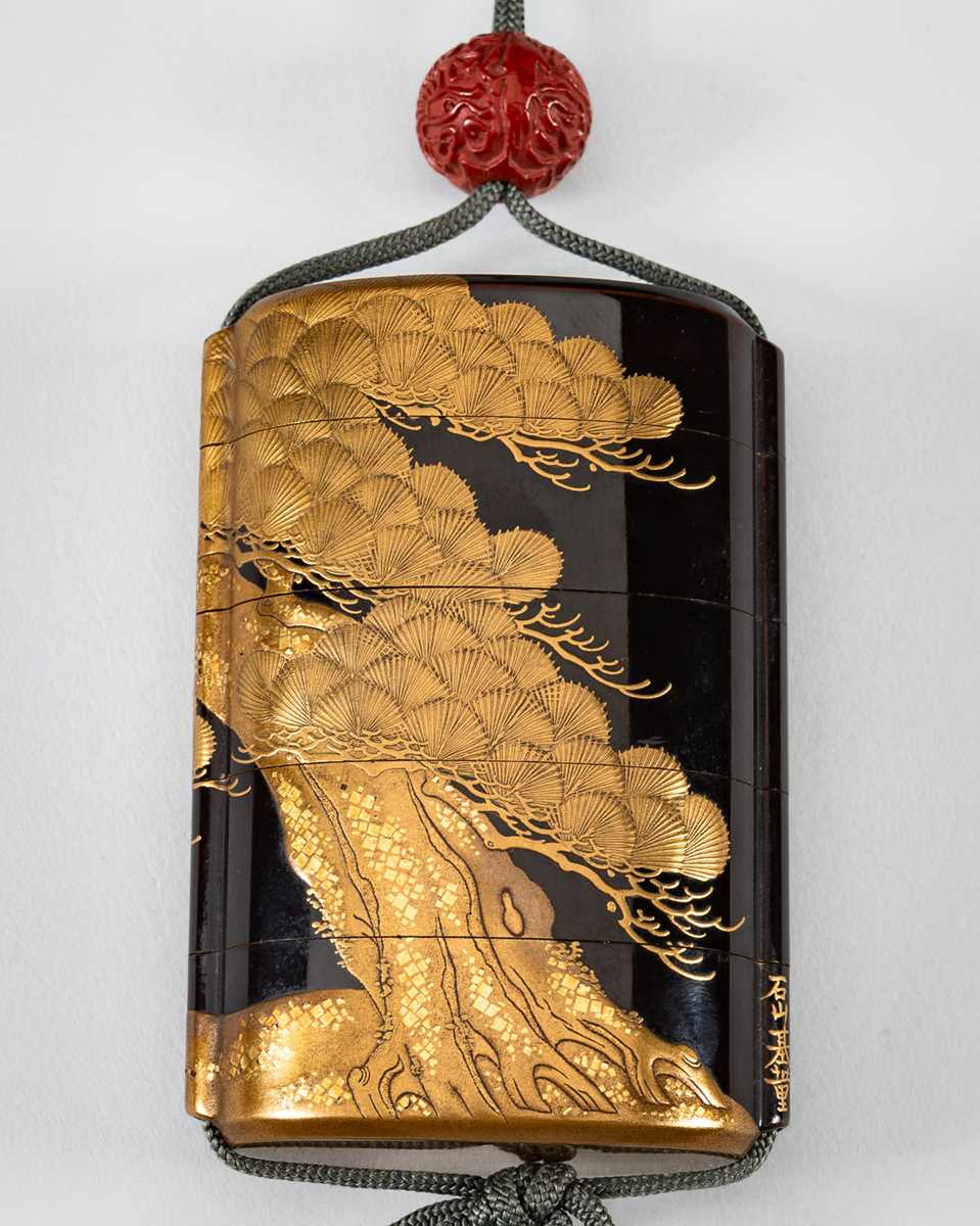 Lot 1416 - ISHIYAMA MOTOTADA: AN EXQUISITE FOUR-CASE LACQUER INRO WITH PINE TREES