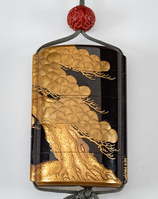 Lot 1416 - ISHIYAMA MOTOTADA: AN EXQUISITE FOUR-CASE LACQUER INRO WITH PINE TREES
