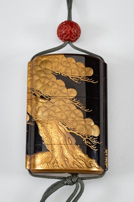 Lot 1416 - ISHIYAMA MOTOTADA: AN EXQUISITE FOUR-CASE LACQUER INRO WITH PINE TREES
