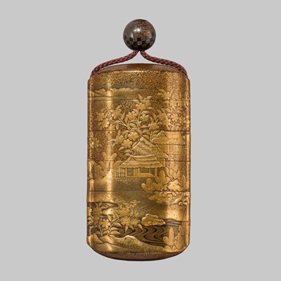 Lot 19 - A FINE FIVE-CASE GOLD LACQUER INRO DEPICTING AN AUSPICIOUS LANDSCAPE