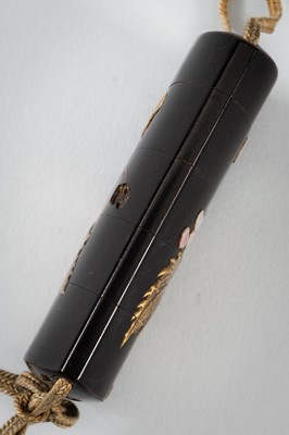 Lot 1428 - A LARGE INLAID FOUR-CASE LACQUER INRO DEPICTING BLOOMING FLOWERS