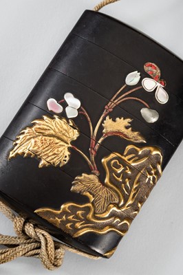 Lot 1428 - A LARGE INLAID FOUR-CASE LACQUER INRO DEPICTING BLOOMING FLOWERS