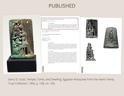 A TURQUOISE-GLAZED FAIENCE AMULET OF SEKHMET NURSING THE YOUNG PHARAOH, LATE PERIOD TO PTOLEMAIC ERA