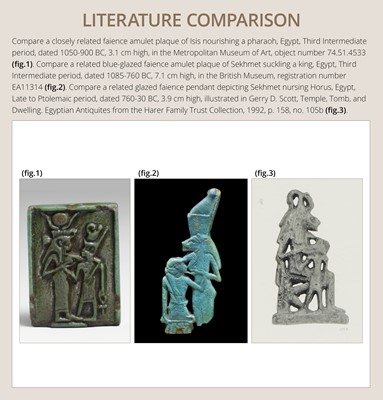 A TURQUOISE-GLAZED FAIENCE AMULET OF SEKHMET NURSING THE YOUNG PHARAOH, LATE PERIOD TO PTOLEMAIC ERA