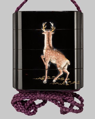 Lot 378 - KAN: A THREE-CASE INLAID LACQUER INRO DEPICTING STAG AMONG BRACKEN FERNS