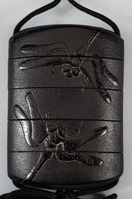 Lot 1418 - A FINE FOUR-CASE BLACK LACQUER INRO DEPICTING DRAGONFLIES