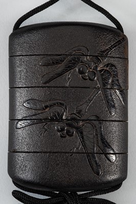 Lot 1418 - A FINE FOUR-CASE BLACK LACQUER INRO DEPICTING DRAGONFLIES