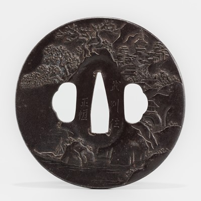 Lot 1565 - MASATSUNE: A BUSHU SCHOOL IRON TSUBA DEPICTING AN IDYLLIC LANDSCAPE