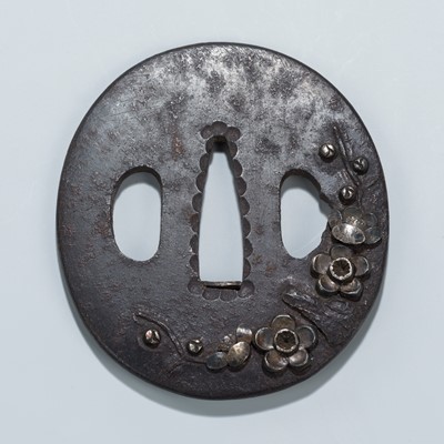 Lot 1503 - AN IRON TSUBA WITH CHERRY BLOSSOMS