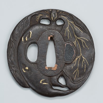 Lot 1505 - AN IRON TSUBA IN THE SHAPE OF A BUSHUKAN FRUIT