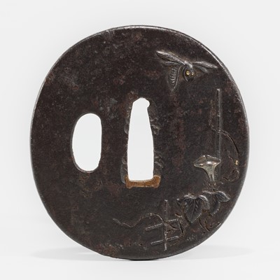 Lot 1487 - AN IRON TSUBA WITH A WASP AND KIKYO FLOWER