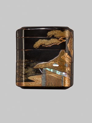 Lot 211 - A SMALL INLAID BLACK LACQUER FOUR-CASE INRO WITH HUT AND PINE