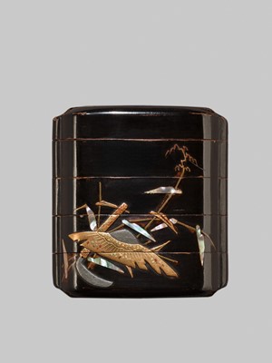 Lot 211 - A SMALL INLAID BLACK LACQUER FOUR-CASE INRO WITH HUT AND PINE