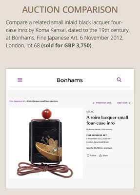 Lot 211 - A SMALL INLAID BLACK LACQUER FOUR-CASE INRO WITH HUT AND PINE