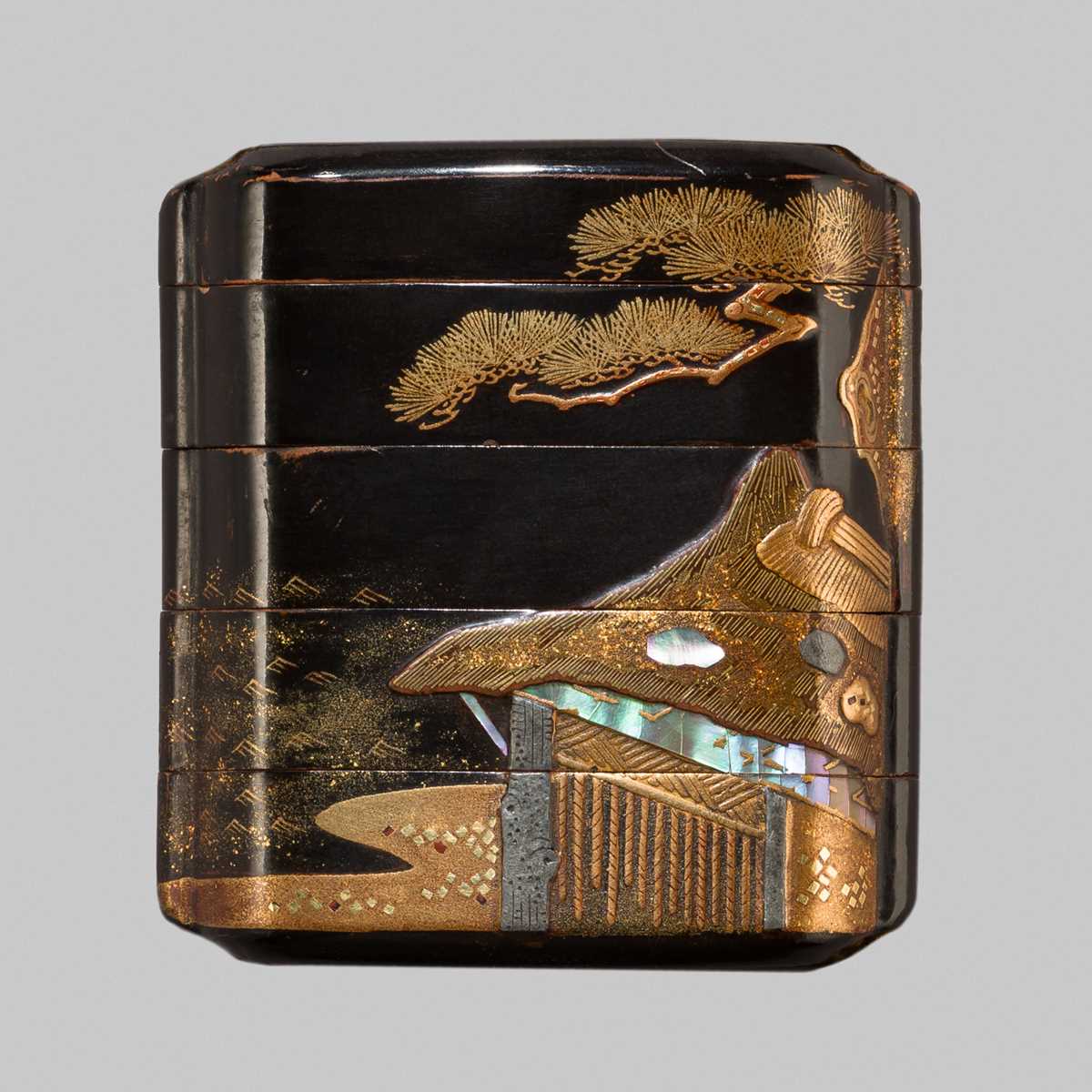 Lot 211 - A SMALL INLAID BLACK LACQUER FOUR-CASE INRO WITH HUT AND PINE