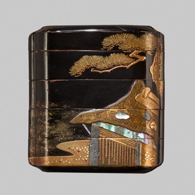 Lot 211 - A SMALL INLAID BLACK LACQUER FOUR-CASE INRO WITH HUT AND PINE