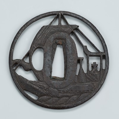 Lot 1513 - AN IRON SUKASHI TSUBA WITH A SAILING SHIP