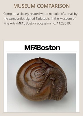 Lot 159 - TADATOSHI: A FINE NAGOYA SCHOOL WOOD NETSUKE OF A SNAIL