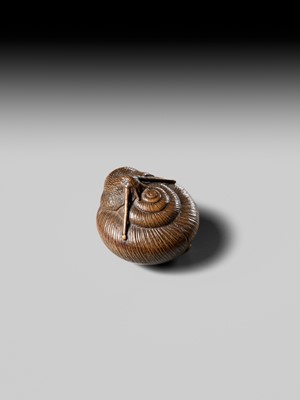 Lot 159 - TADATOSHI: A FINE NAGOYA SCHOOL WOOD NETSUKE OF A SNAIL