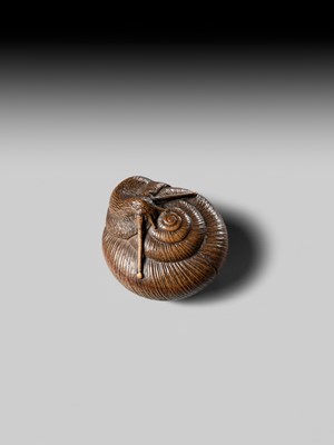 Lot 159 - TADATOSHI: A FINE NAGOYA SCHOOL WOOD NETSUKE OF A SNAIL