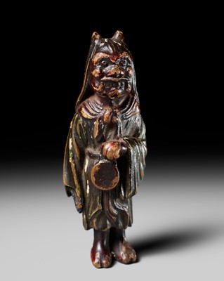 Lot 530 - A LARGE SAISHIKI NETSUKE OF ONI NO NEMBUTSU