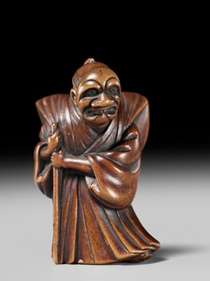 Lot 237 - MASAZANE: A FINE WOOD NETSUKE OF A BUAKU DANCER