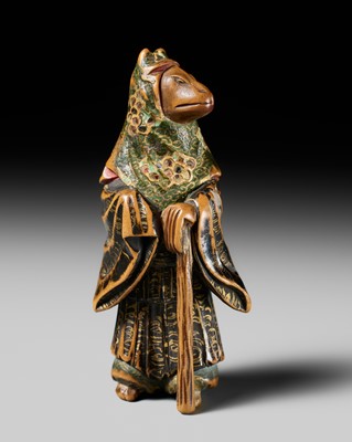 Lot 528 - NAGAMICHI SHUZAN: A SAISHIKI NETSUKE OF A FOX PRIEST (HAKUZOSU)