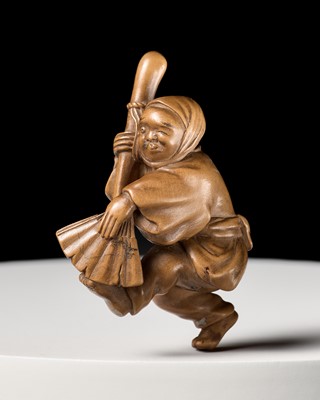 Lot 129 - MASANAO: A FINE WOOD NETSUKE OF A SUTETEKO DANCER