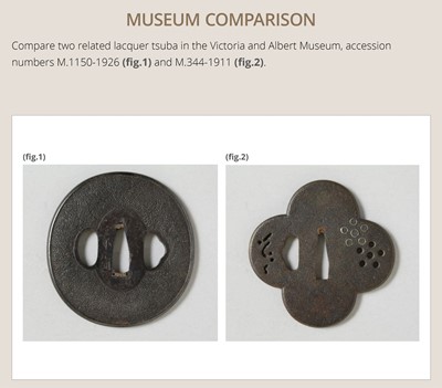 Lot 94 - A FINE LACQUERED WOOD TSUBA WITH MITSUTOMO-E MON