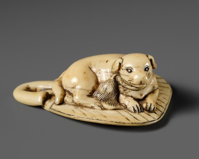 Lot 435 - A CHARMING IVORY NETSUKE OF A PUPPY ON A FAN