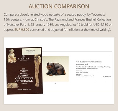 Lot 162 - NAITO TOYOMASA: A SUPERB WOOD NETSUKE OF A PUPPY SCRATCHING ITSELF