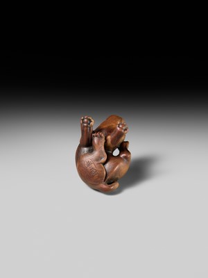 Lot 162 - NAITO TOYOMASA: A SUPERB WOOD NETSUKE OF A PUPPY SCRATCHING ITSELF