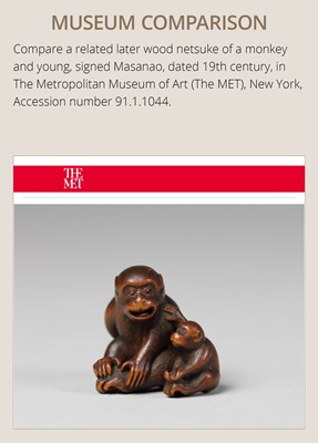 Lot 114 - MASANAO: A SUPERB WOOD NETSUKE OF A MONKEY WITH YOUNG