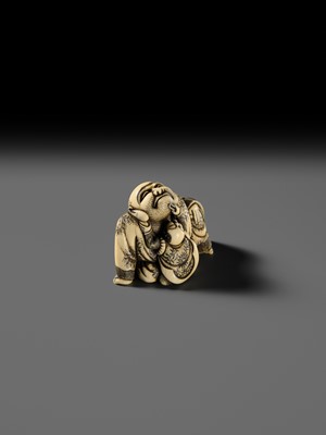 Lot 128 - MASATOMO: AN AMUSING OSAKA SCHOOL IVORY NETSUKE OF A KARAKO PLUCKING HOTEI’S BEARD