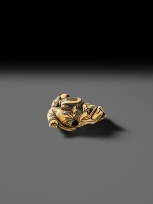 Lot 128 - MASATOMO: AN AMUSING OSAKA SCHOOL IVORY NETSUKE OF A KARAKO PLUCKING HOTEI’S BEARD