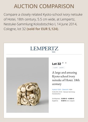 Lot 128 - MASATOMO: AN AMUSING OSAKA SCHOOL IVORY NETSUKE OF A KARAKO PLUCKING HOTEI’S BEARD
