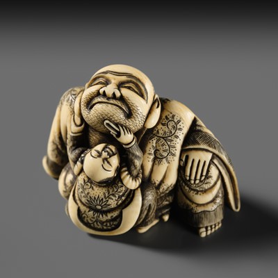 Lot 128 - MASATOMO: AN AMUSING OSAKA SCHOOL IVORY NETSUKE OF A KARAKO PLUCKING HOTEI’S BEARD